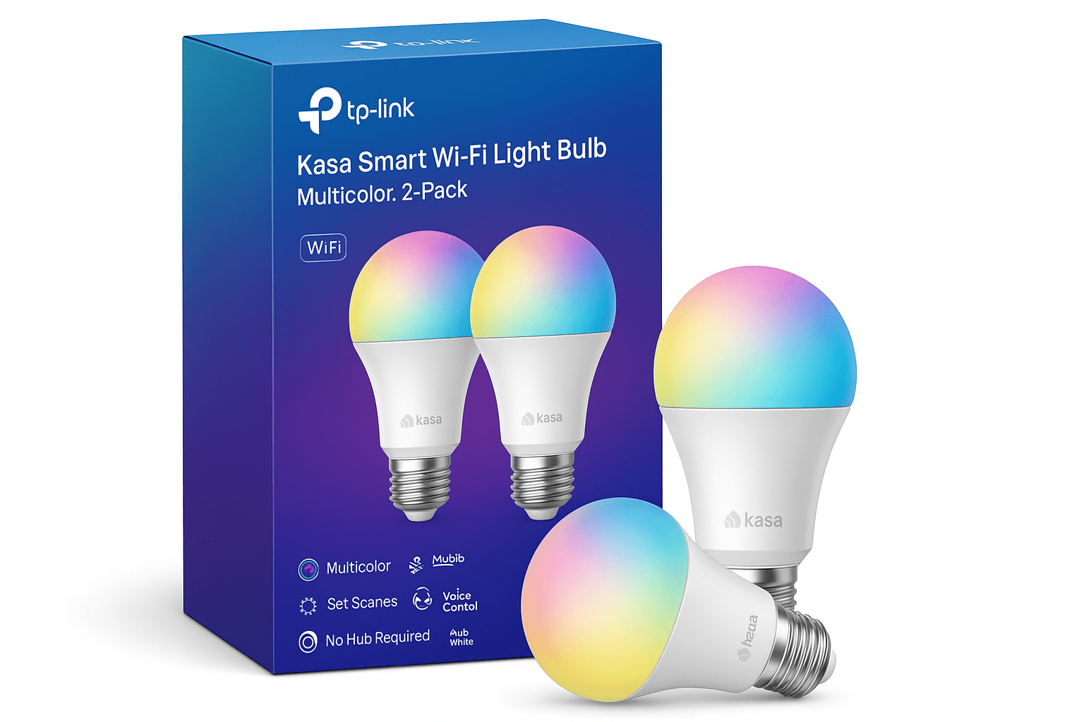TP-Link Kasa Smart Wi-Fi LED bulbs in a 2-pack, displaying colorful multicolor glow, compatible with Alexa and Google Home.