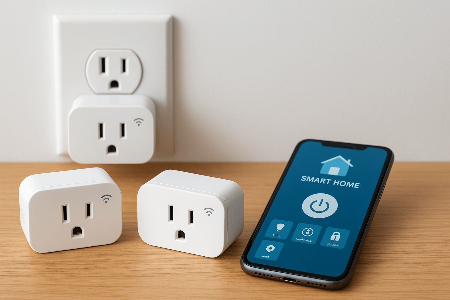 Smart home Wi-Fi plugs with smartphone app showing smart home control, compatible with Google Assistant and Alexa.