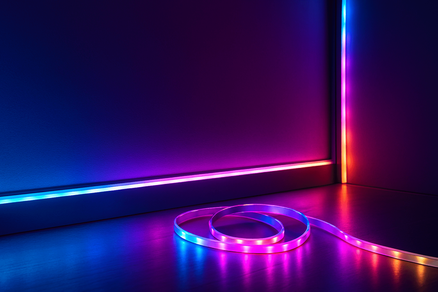 Colorful LED strip lights with purple, blue, and red glow installed along a room corner and coiled on a wooden floor.