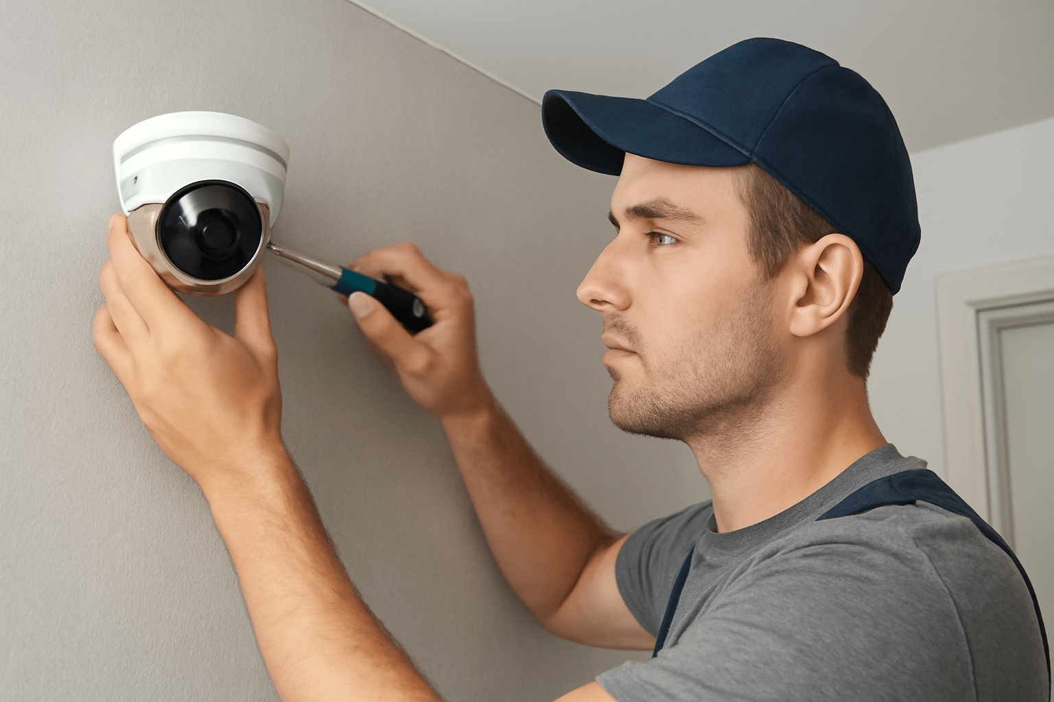 A professional installing a home security camera on a wall, demonstrating a key step in home security camera installation as featured in the Ultimate DIY Guide to Home Security Camera Installation.