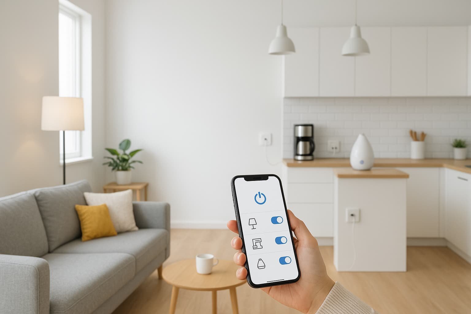 Person using a smartphone app to control various smart plug uses in a modern living room and kitchen setup.