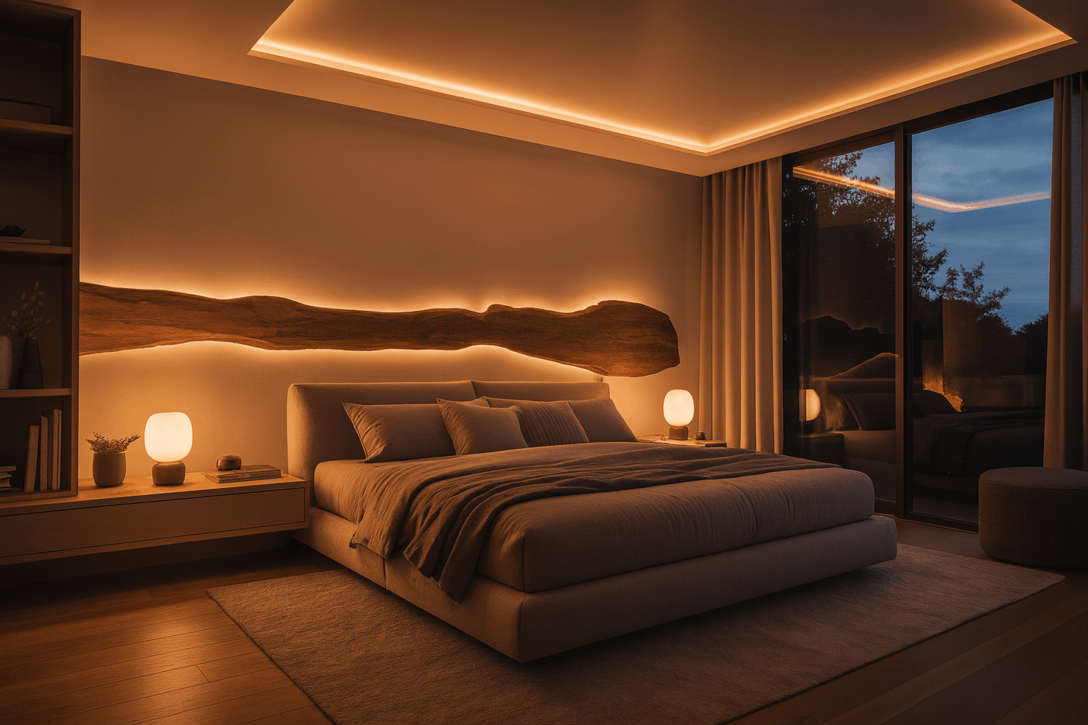 Modern bedroom with warm-toned ceiling lights, soft ambient glow, and cozy minimalist decor – Bedroom Lighting Ideas.