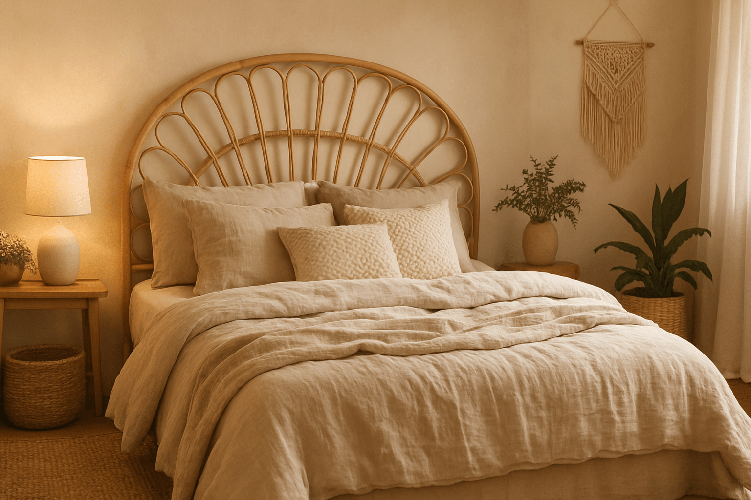 Cozy Boho bedroom with a rattan headboard, layered neutral bedding, woven textures, soft ambient lighting, indoor plants, and natural decor accents—showcasing calming Boho bedroom ideas.