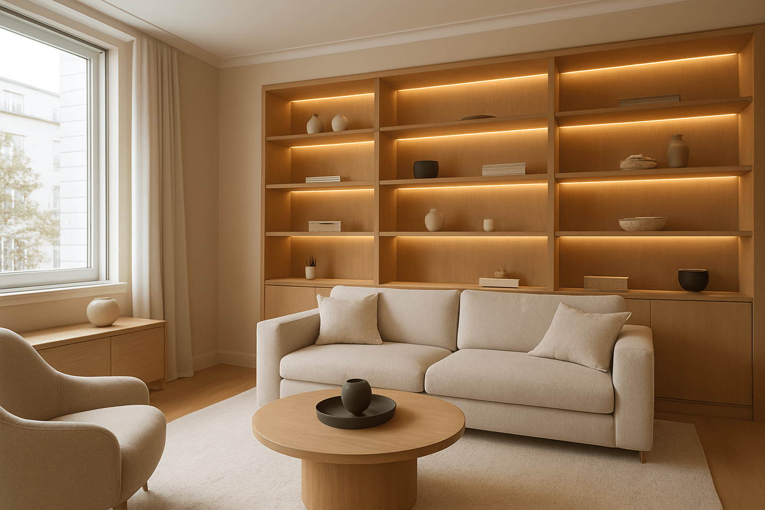 Minimalist living room with warm wood built-in shelves, soft neutral sofa, and modern décor — showcasing built-in living room shelf ideas