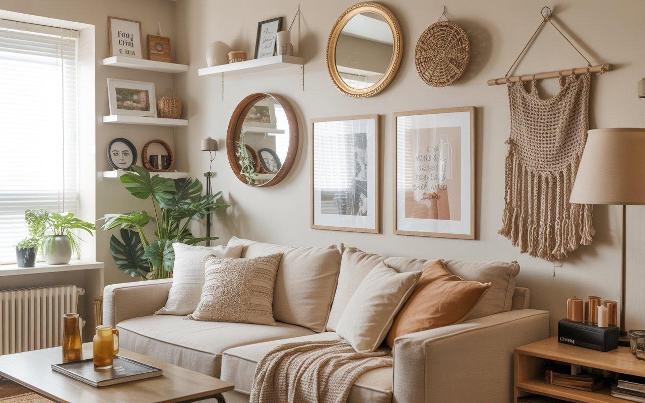 DIY wall decor ideas on a budget featuring a cozy living room with affordable framed prints, mirrors, floating shelves, plants, and handmade wall hangings in neutral tones.